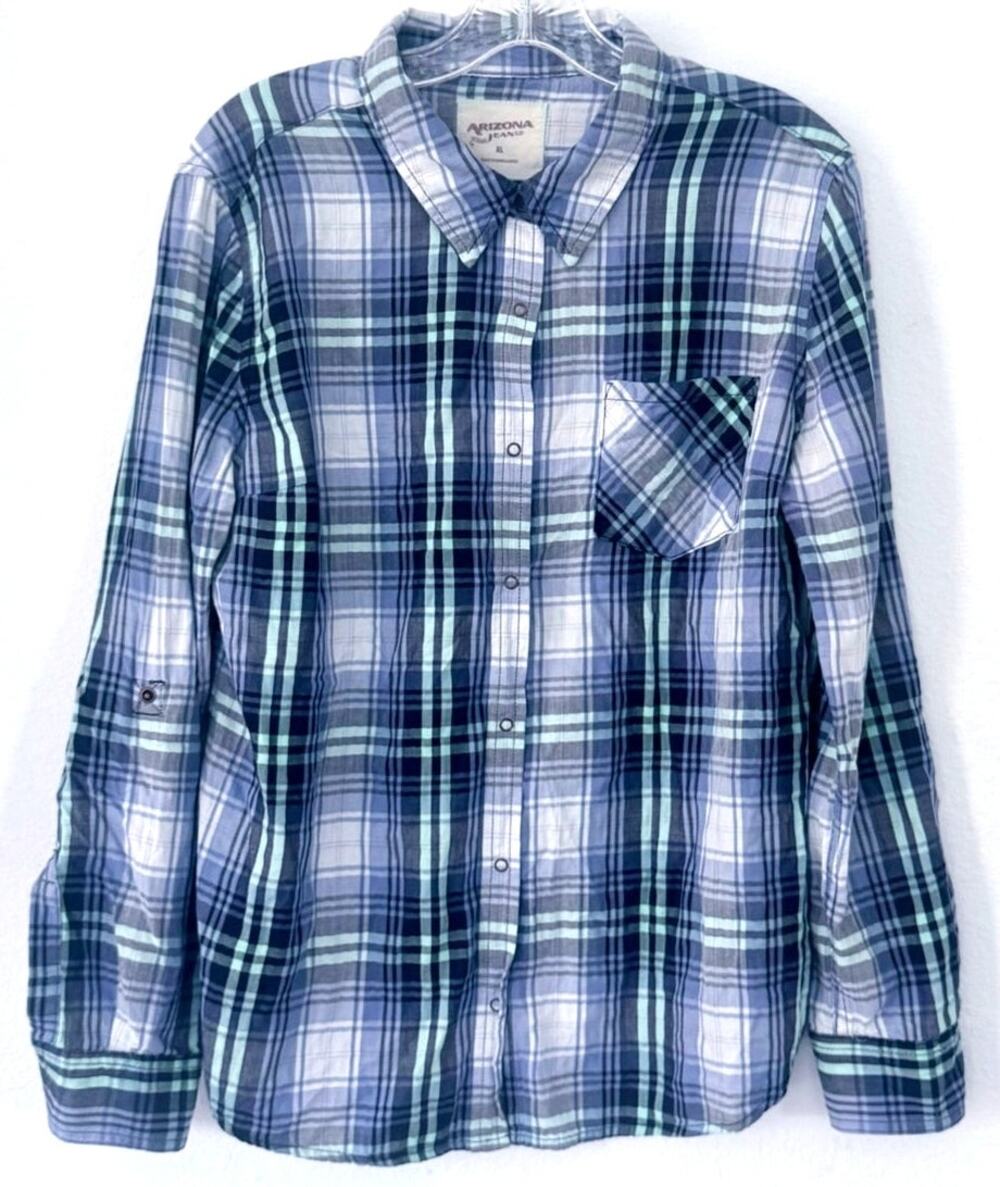 Arizona Jeans Co. Collared Plaid Button Down Long Sleeve Shirt Blue White